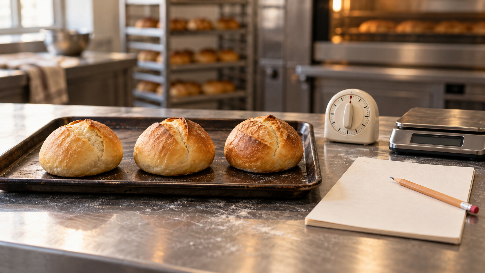 AI-generated editorial illustration of three golden bread rolls on a dark tray beside a kitchen timer, digital scale, pencil, and blank sampling record on a stainless-steel bakery bench.