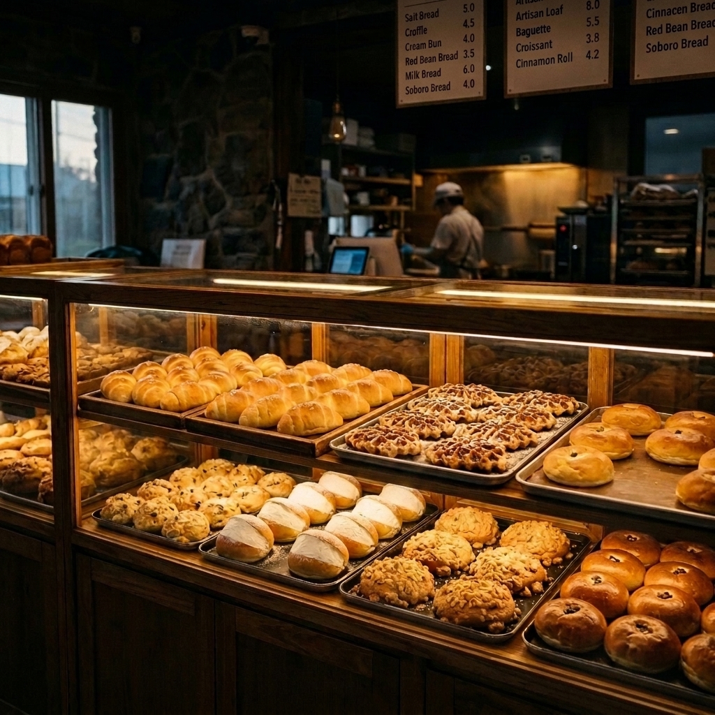 A bakery display case holding trays of assorted fresh bread beneath a menu board