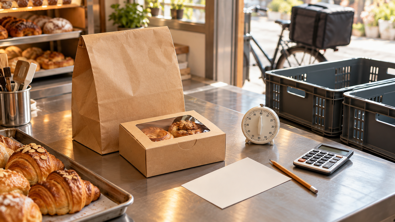 AI-generated editorial illustration of an unbranded bakery delivery package, blank route card, timer, calculator, reusable crates, and bicycle delivery bag on a warm bakery packing bench.