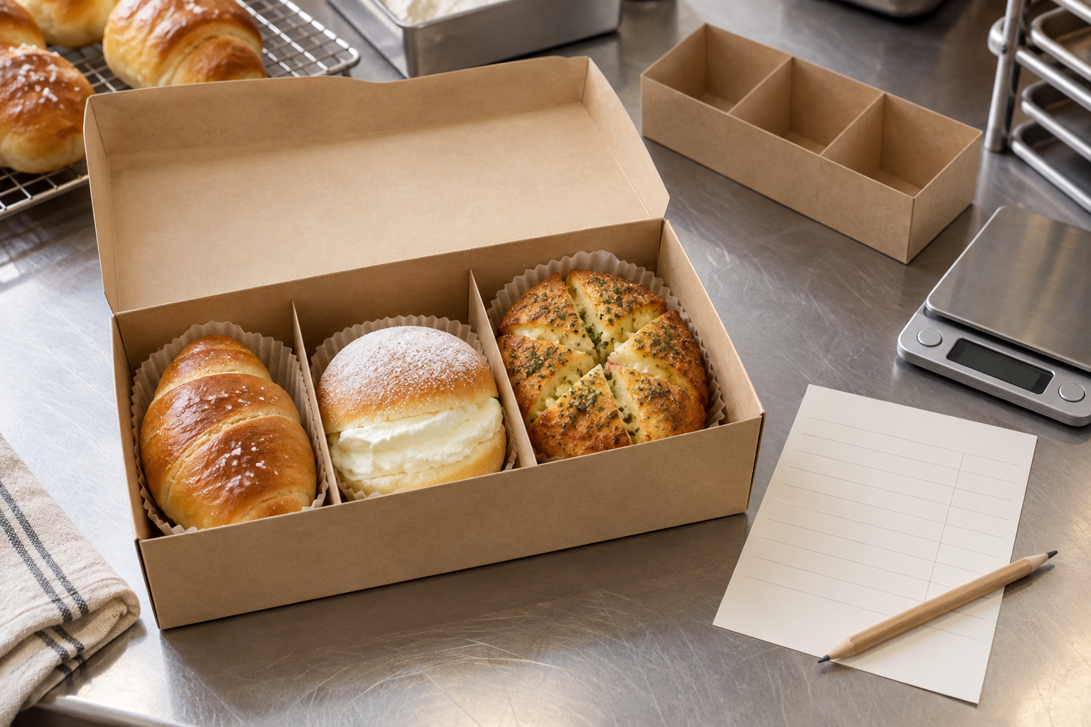 AI-generated editorial illustration of an open kraft bakery box with separated salt bread, a cream-filled bun, and six-cut garlic bread beside a blank order card, pencil, scale, and empty divider on a stainless-steel workbench.