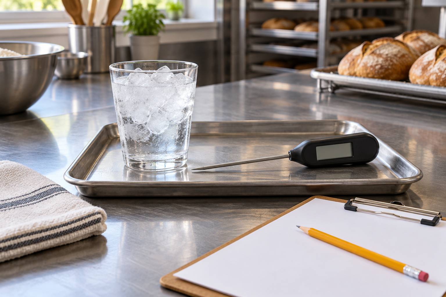 AI-generated editorial illustration of a digital probe thermometer on a clean tray beside a glass of ice water and a blank checklist on a bakery workbench.