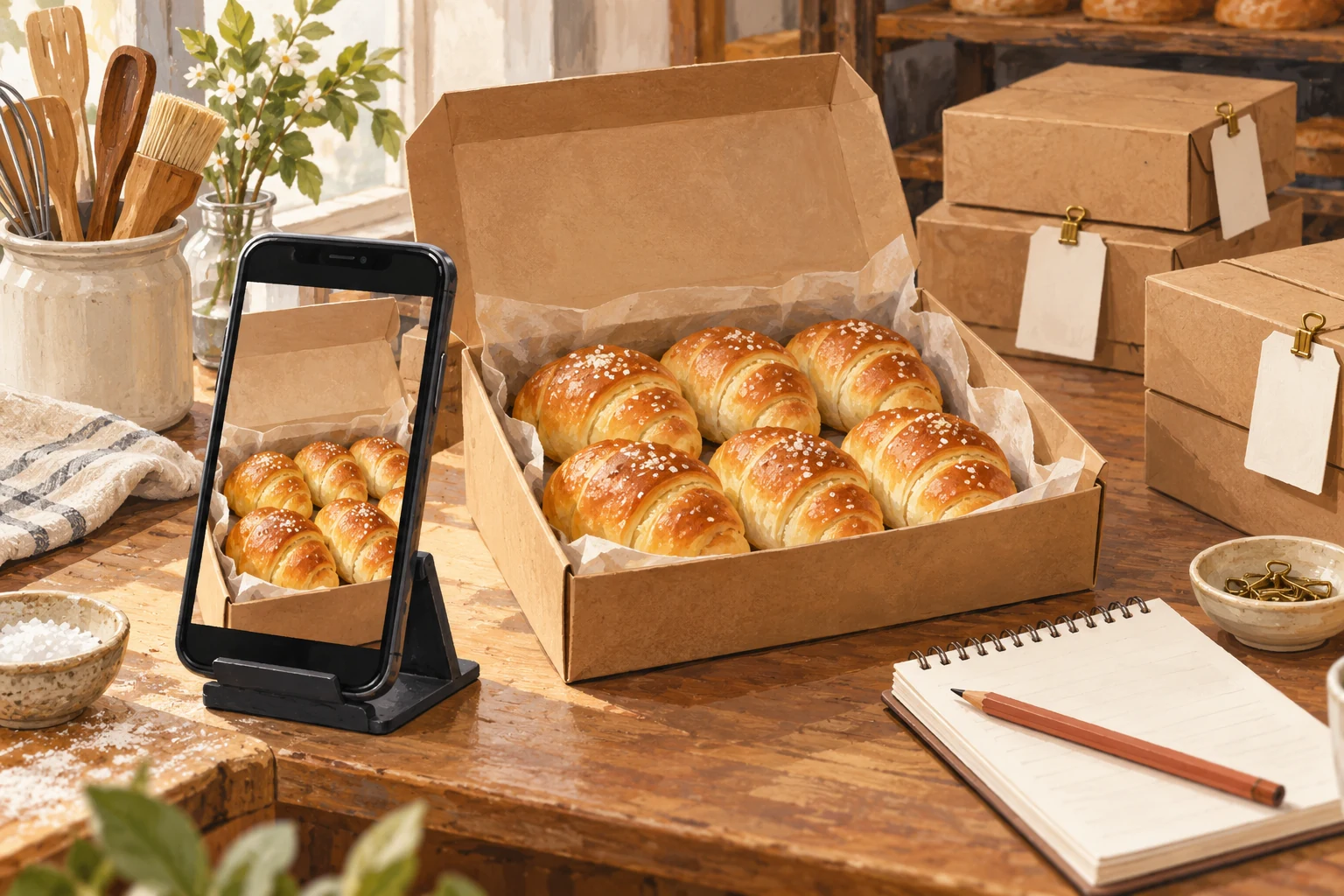 AI-generated illustration of a phone framing an open kraft box of six salt bread rolls, with a notebook and tagged pickup boxes on a bakery counter.