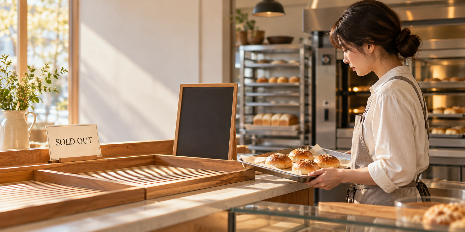 AI-generated editorial illustration of a bakery operator holding a tray of golden rolls beside an intentionally empty display, a simple SOLD OUT placard, and a blank production board.