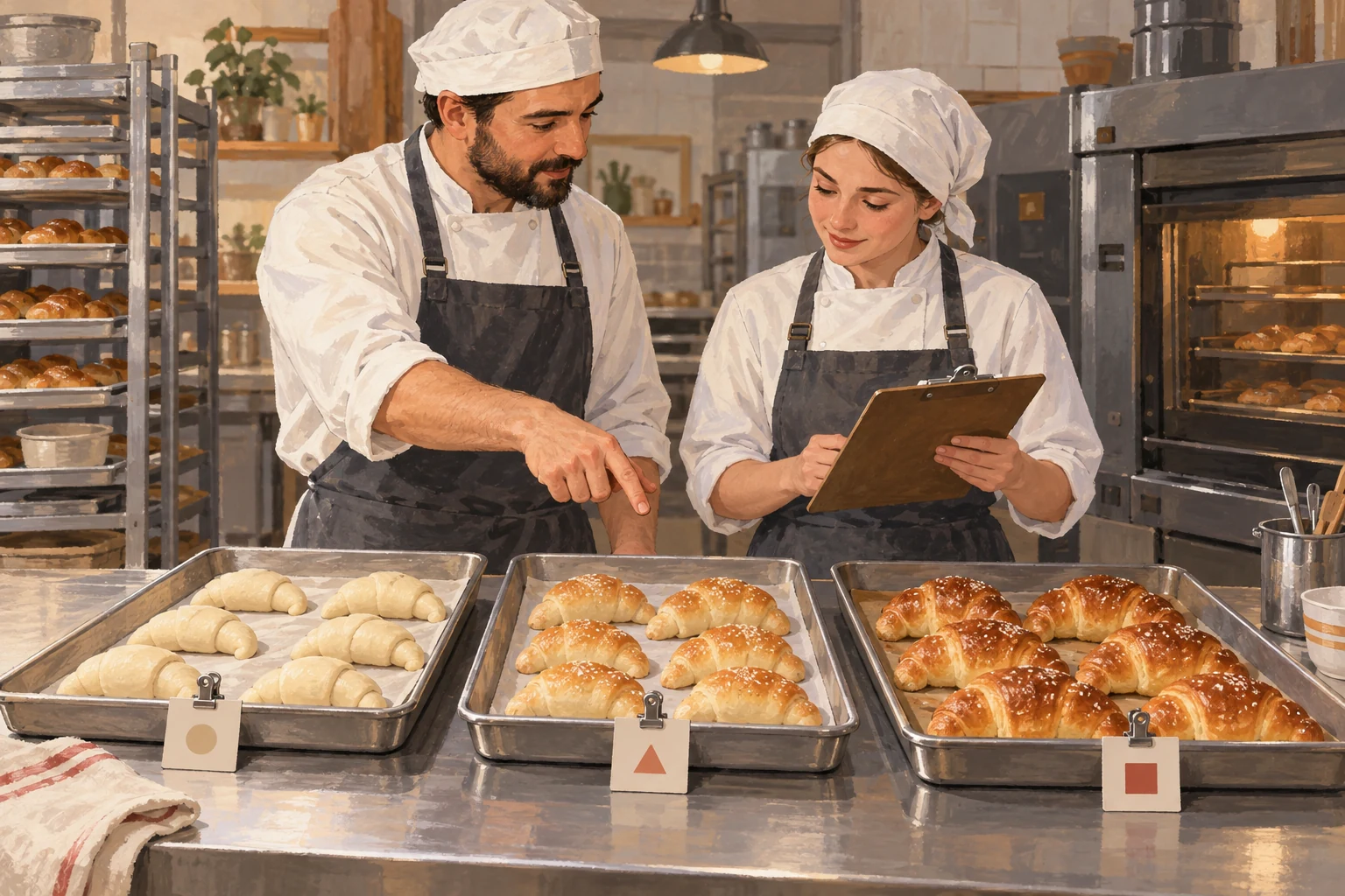 AI-generated illustration of two bakers checking a clipboard beside three separately tagged trays of unbaked and baked salt bread rolls.
