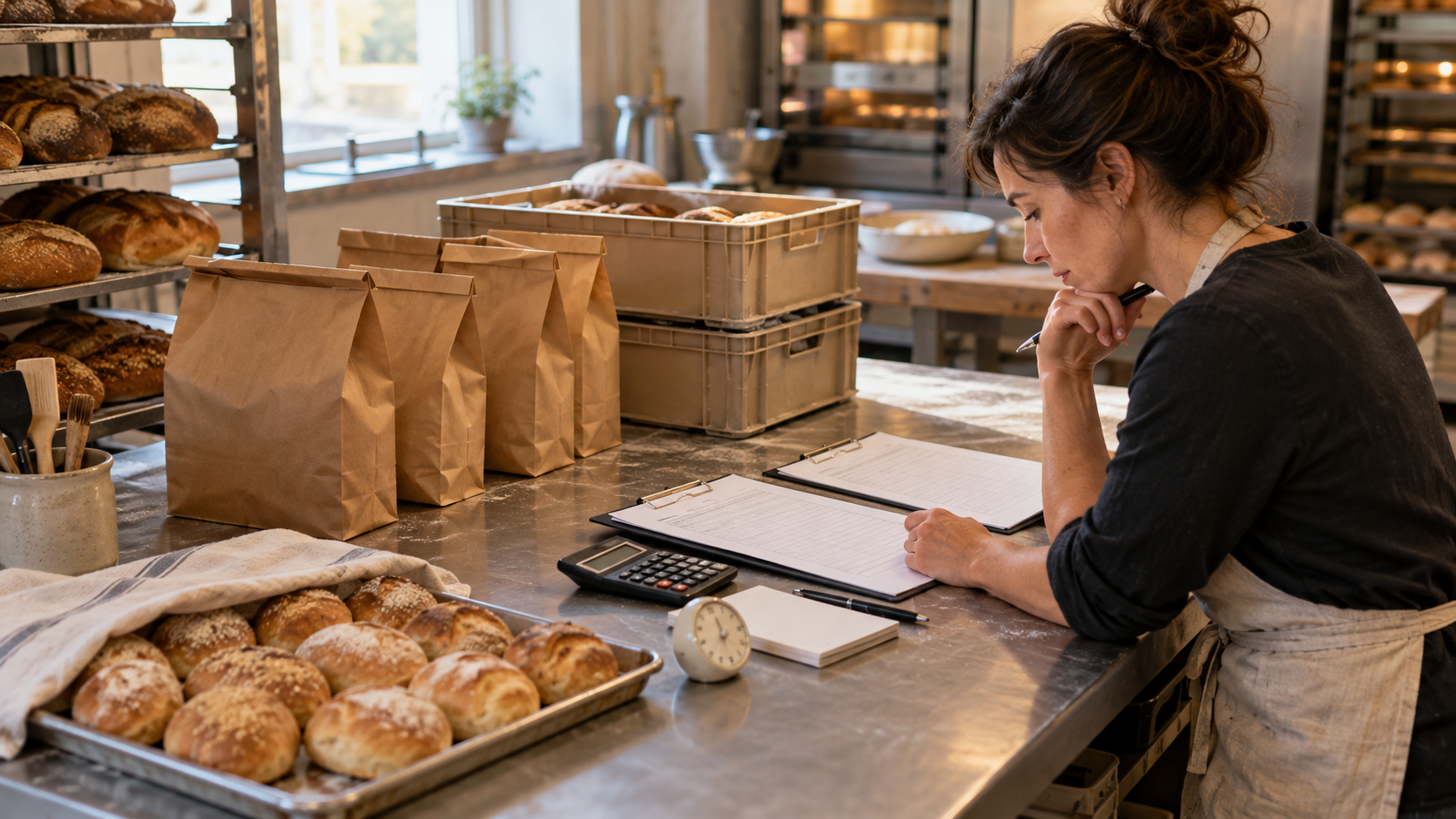 A bakery owner compares two order sheets beside unbranded paper bread bags, stackable delivery crates, a calculator, and trays of rolls on a stainless-steel workbench.