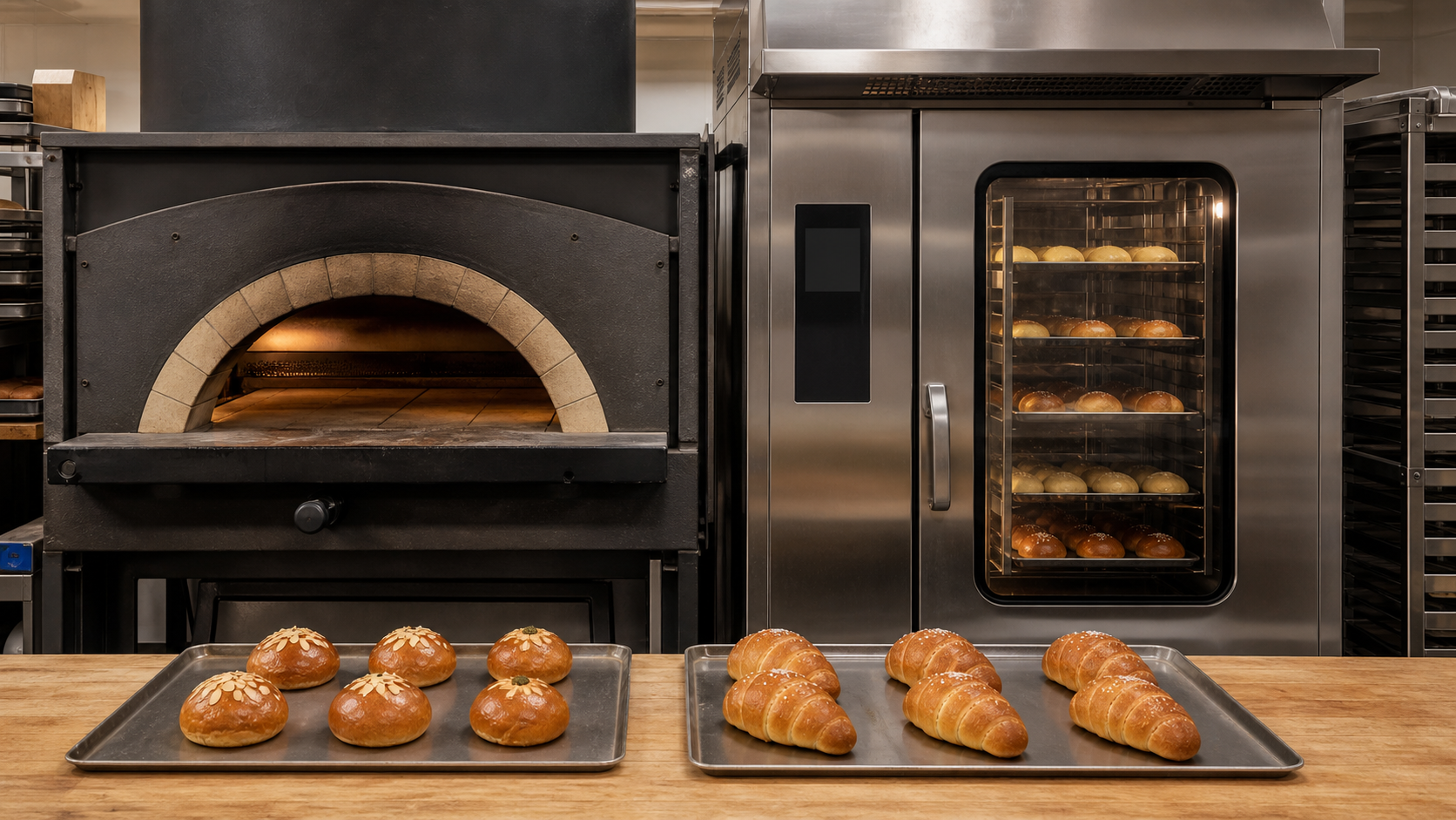 Commercial deck oven and forced-convection rack oven with controlled K-Bread test batches on trays