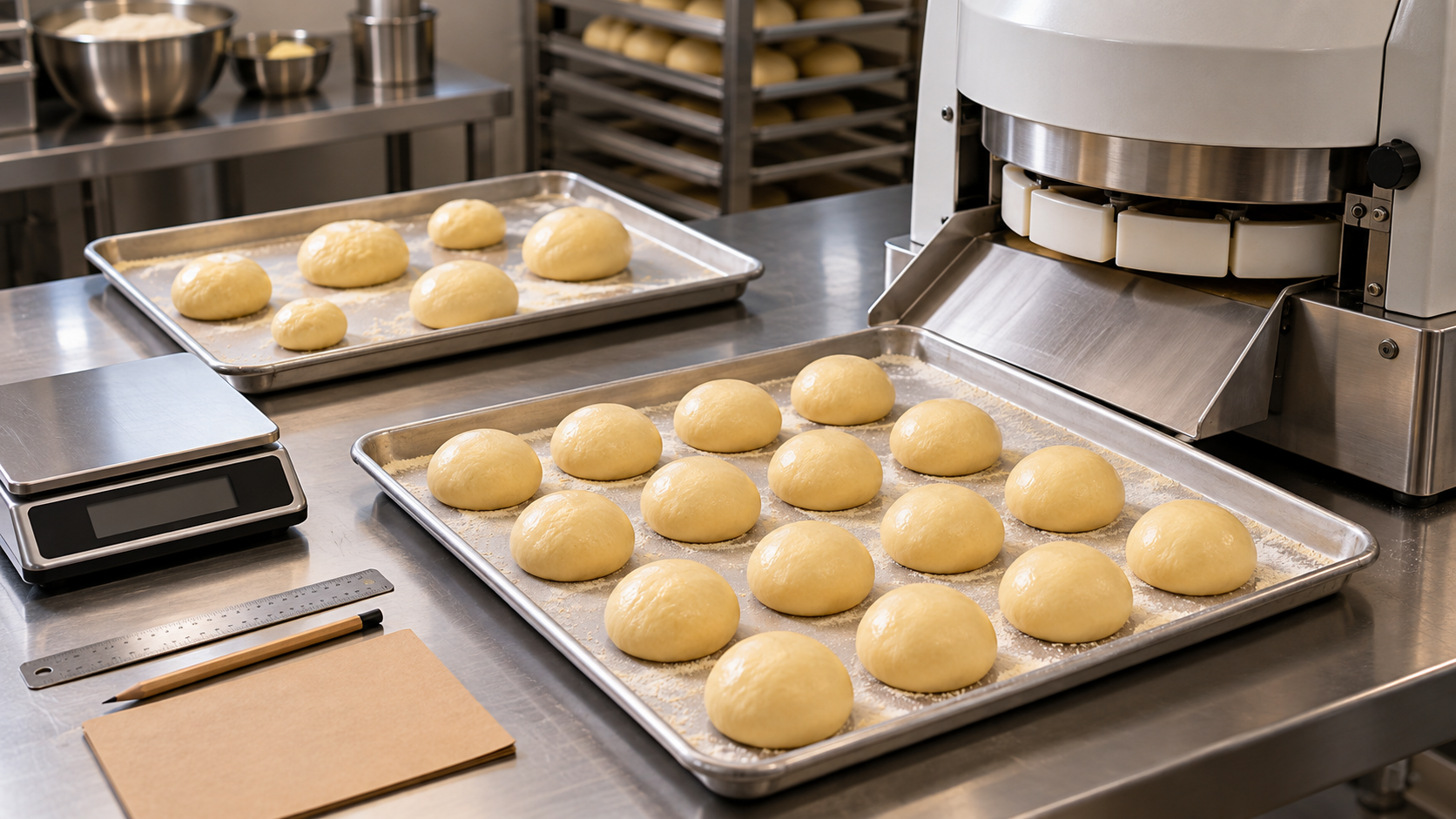 AI-generated editorial illustration of an unbranded dough divider-rounder beside trays of smooth enriched dough portions, a digital scale, steel ruler, pencil, and blank production record on a stainless-steel bakery bench.