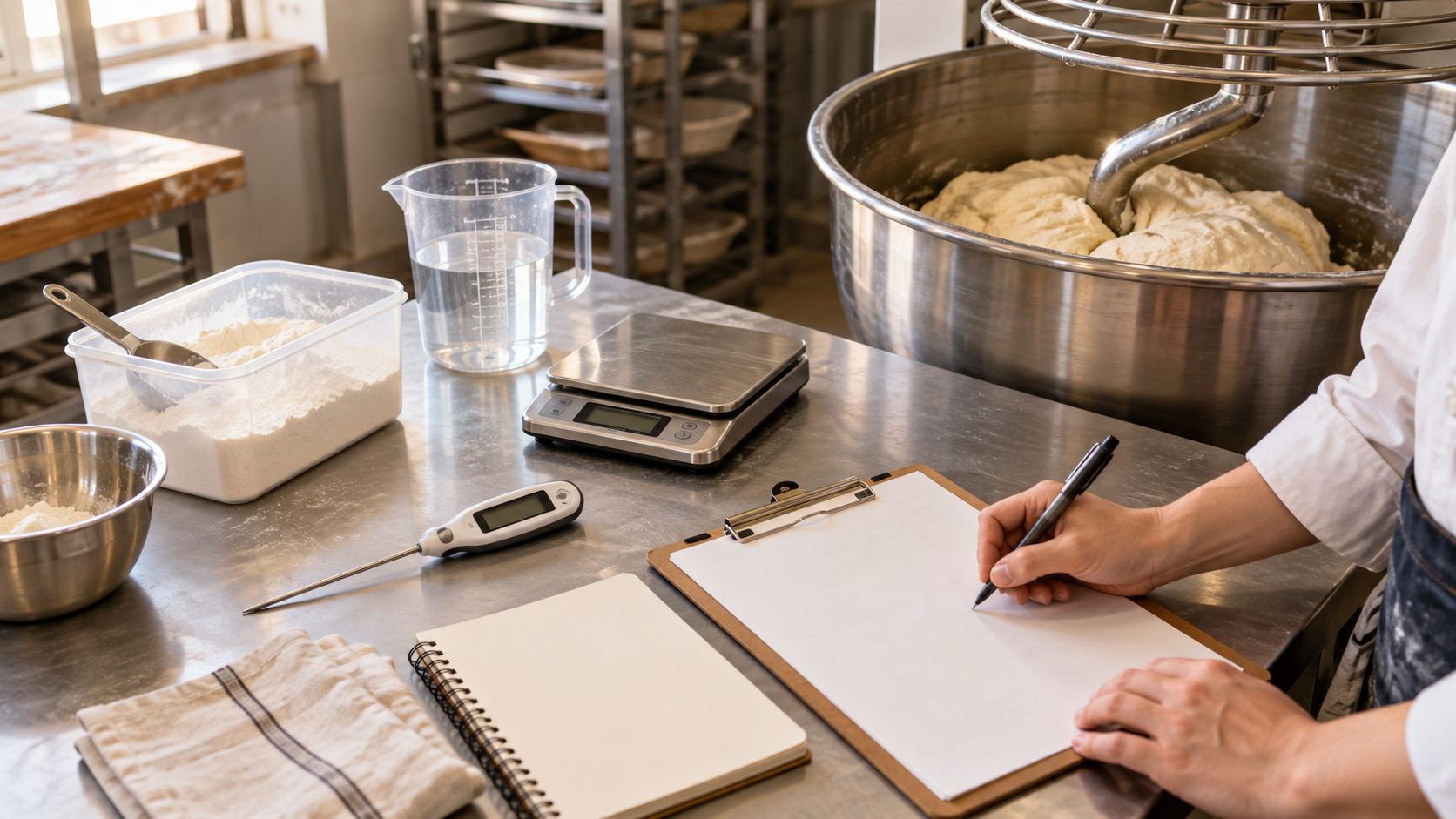 AI-generated editorial illustration of a baker recording a dough-discharge check beside a spiral mixer with dough, a probe thermometer, scale, flour container, water pitcher, and blank worksheet.
