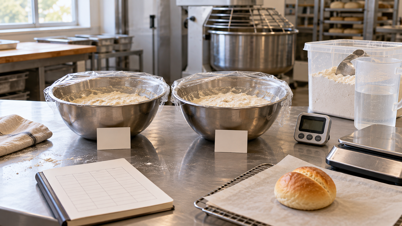 AI-generated editorial illustration of two covered stainless bowls holding flour-and-water pre-mixes beside a spiral mixer, blank comparison cards, a timer, scale, flour bin, water jug, notebook grid, and a plain enriched bread roll on a bakery bench.