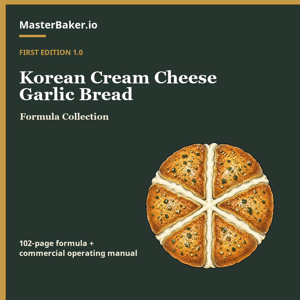Golden six-cut Korean cream cheese garlic bread with a visible cream cheese center and herb garlic coating on a dark tray