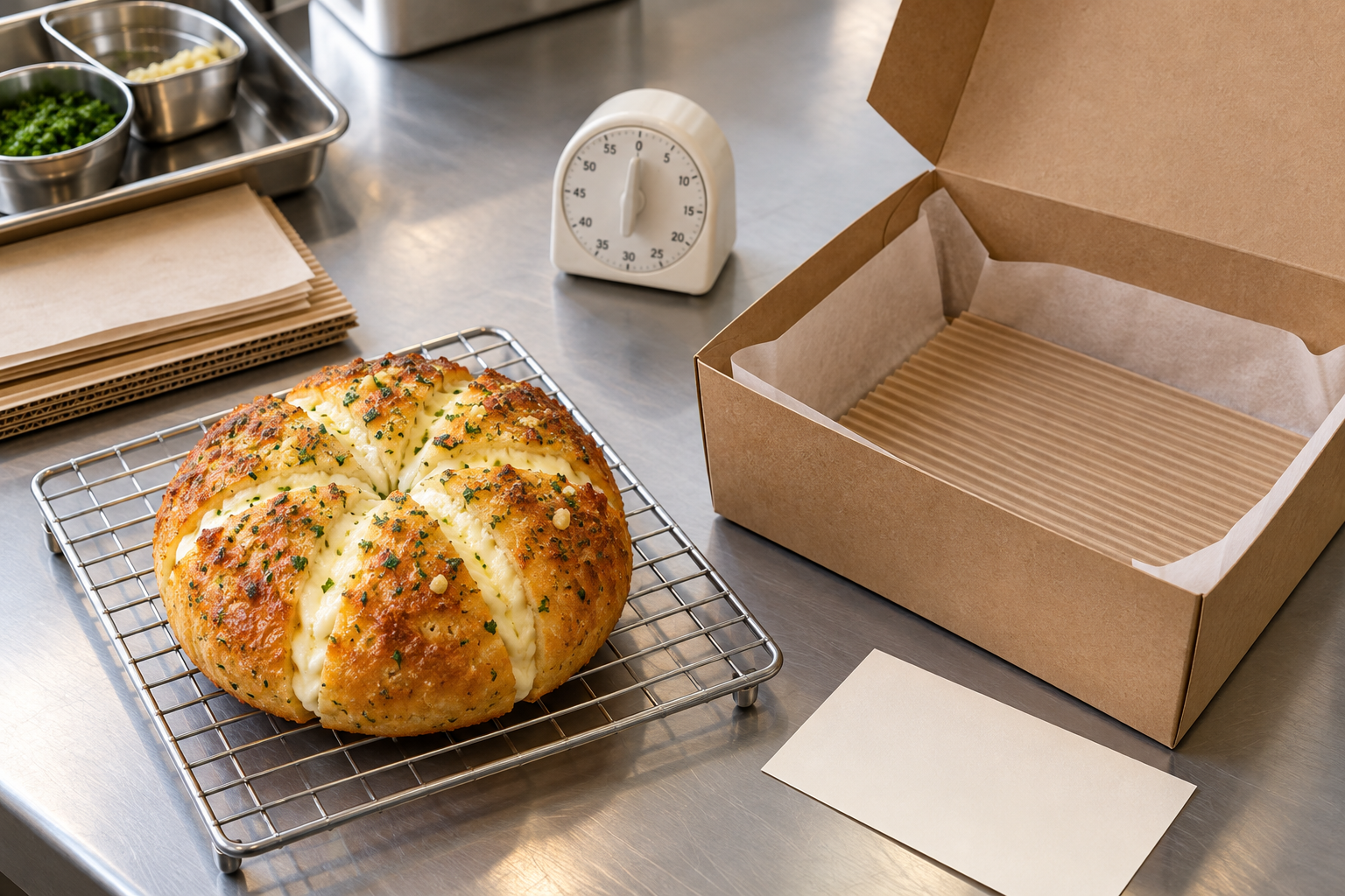 AI-generated editorial illustration of a golden six-cut Korean cream cheese garlic bread on a wire rack beside an open unbranded kraft pickup box with a corrugated insert, paper liner, timer, and blank trial card on a stainless-steel bakery bench.