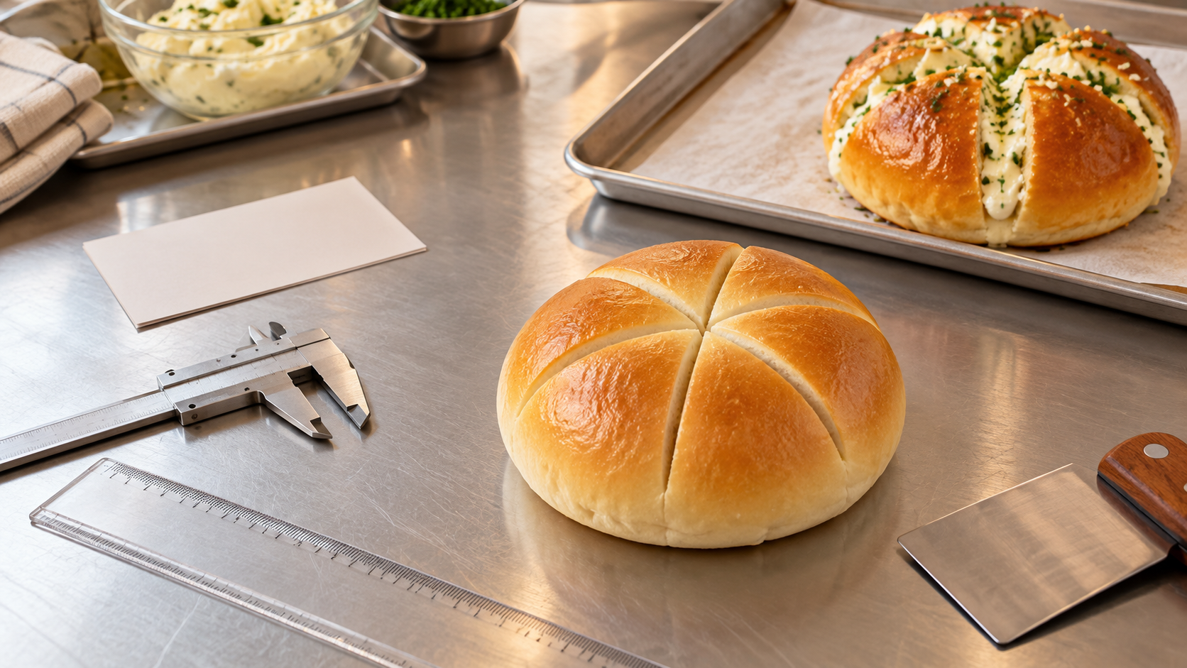AI-generated editorial illustration of an unfilled round bun with six evenly spaced radial cuts, a caliper and ruler on a stainless-steel bench, with a finished Korean cream cheese garlic bread in the background.