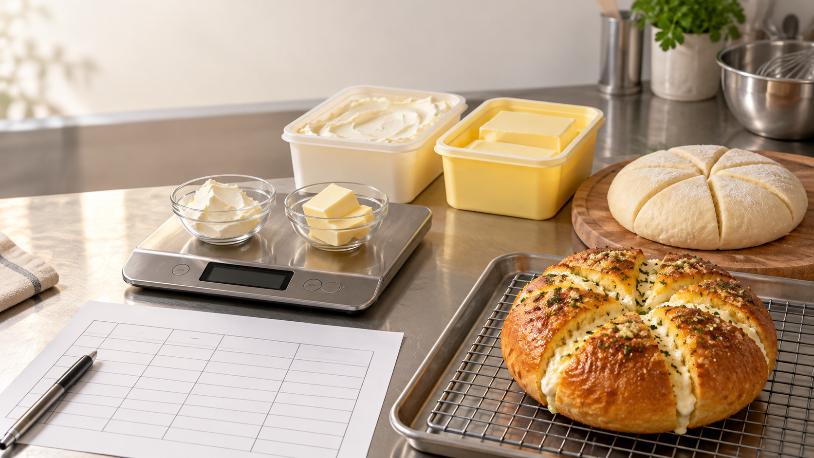 AI-generated editorial illustration of cream cheese and butter portions on a digital scale beside a blank comparison record, an unfilled six-cut bun, and a finished Korean cream cheese garlic bread on a bakery test bench.