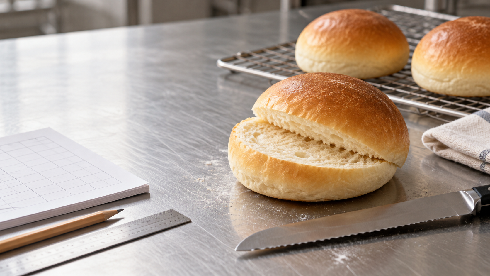AI-generated editorial illustration of a golden Milk Cream Bun opened with a clean horizontal cut on a stainless-steel bakery bench, with two intact buns on a cooling rack, a serrated bread knife, ruler, pencil, and blank production record.