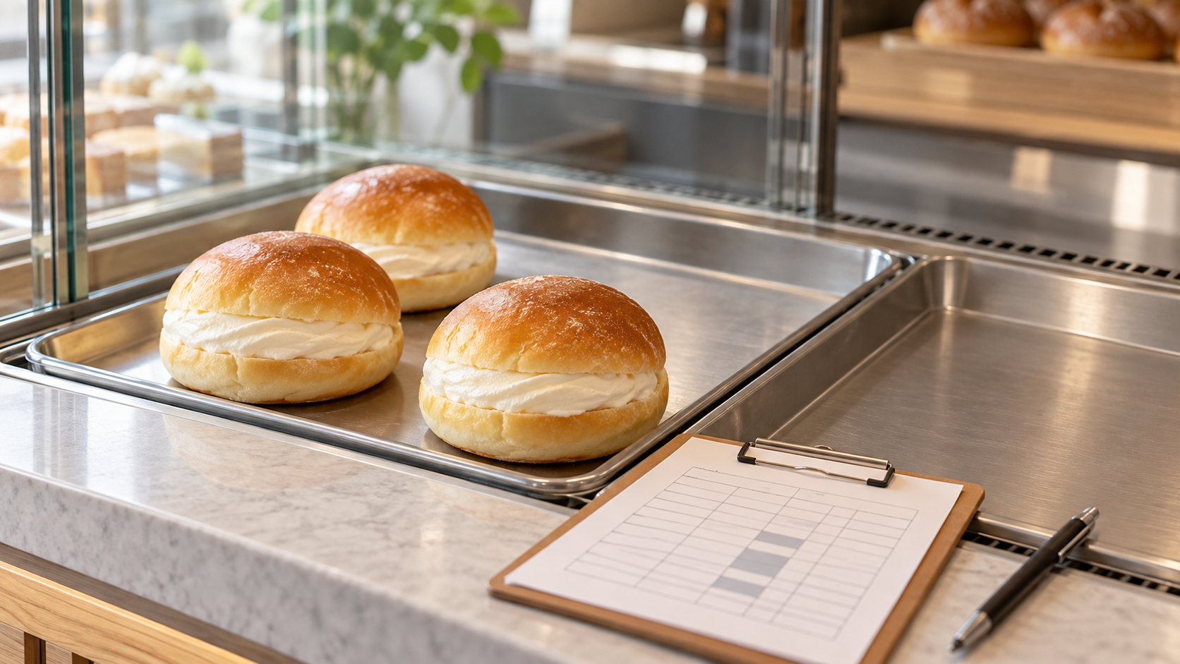 AI-generated editorial illustration of three milk cream buns on a metal tray beside a clean empty tray position and an unmarked replenishment grid at a chilled bakery display.