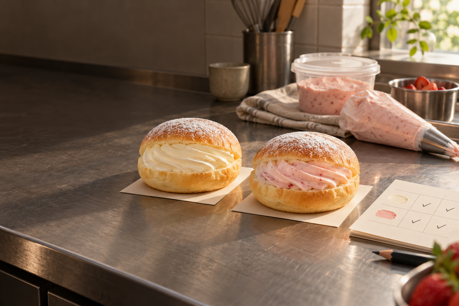 AI-generated editorial illustration of a plain cream milk bun and a strawberry-cream milk bun on a bakery test bench beside a colour-swatch comparison record, piping bag, and covered cream container.