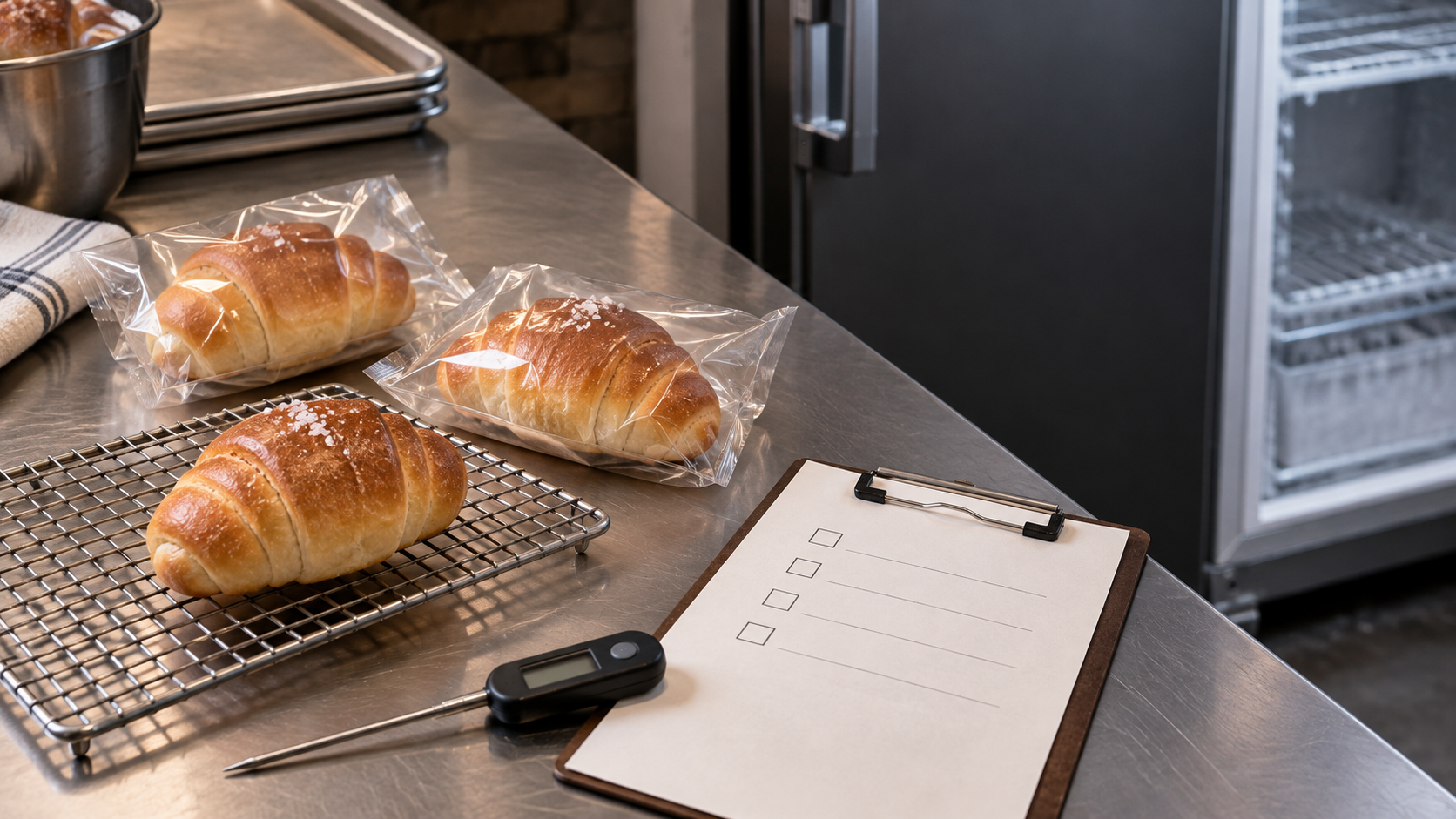 AI-generated editorial illustration of three golden Korean salt bread rolls at a stainless-steel bakery bench, with two individually wrapped rolls, a cooling rack, blank check-list clipboard, probe thermometer, and a freezer in the background.