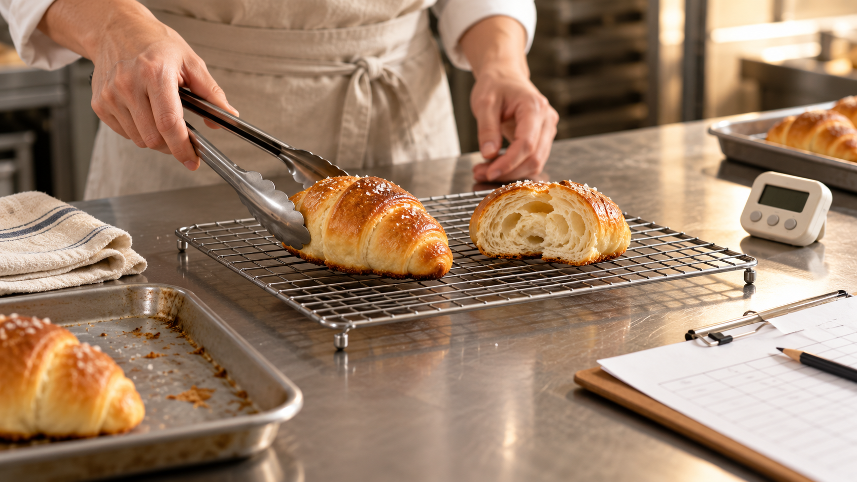 AI-generated editorial illustration of a baker using tongs to inspect golden Korean salt bread on a wire rack beside a cut roll, timer, and quality record sheet.