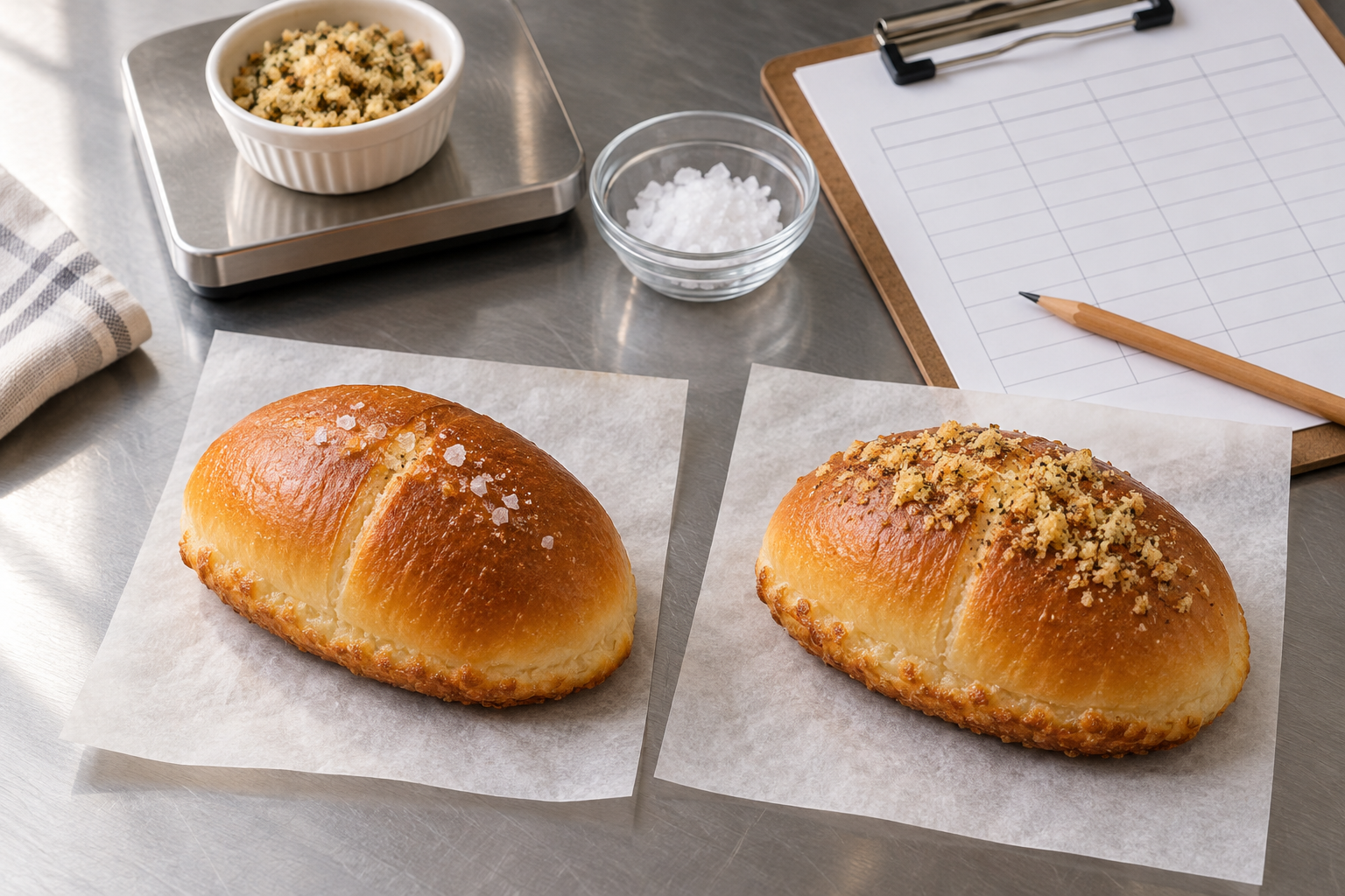 AI-generated editorial illustration of a plain Korean salt bread roll and a lightly topped test roll on parchment beside a topping scale, flaky salt, and blank comparison record.